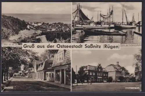 Ansichtskarte Saßnitz Rügen Insel Promenade Post Rathaus Fischereihafen