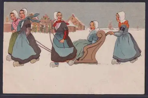 Ansichtskarte Künstlerkarte Frauen Schlitten Schnee Häuser ab Gravenhage nach