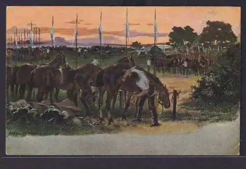 Ansichtskarte Pferde Künstlerkarte Sign. Anton Hoffmann München Vorbereitung zum