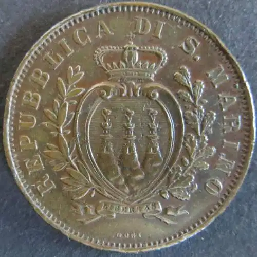 Münze San Marino 1893 R, 10 Centimisi Bronze vz