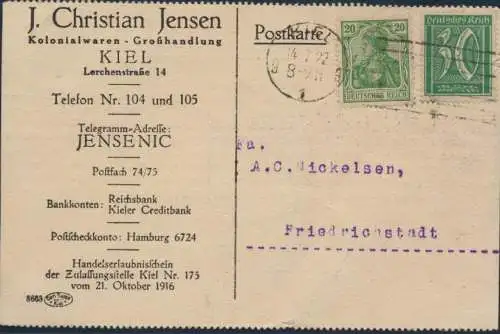 D.Reich Brief Postkarte 143+162 Kiel Friedrichstadt Reklame Jensen Kolnialwaren