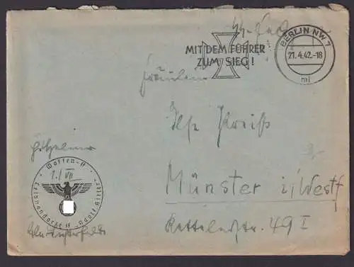 SS Feldpost Deutsches Reich Brief Waffen SS und Masch.St. Berlin Sieg Münster