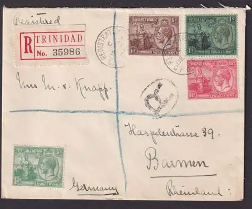 Trinidad & Tobago R Brief King Georg V Karibik nach Barmen 27.12.1926 Ankunft