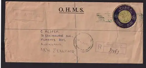 Flugpost Tonga Ozeanien Südpazifik O.H.M.S. R Brief Destiantion Auckland