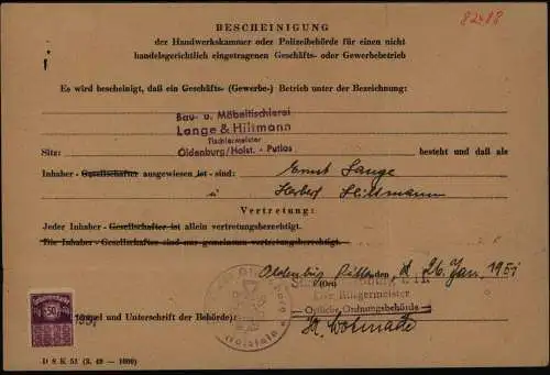 Bund Oldenburg Holstein Bescheinigung Bürgermeister mit Gebührenmarke 26.1.1951