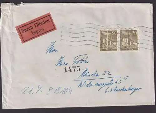 Berlin Eilboten Brief MEF 150 Stadtbilder im Paar Hof Saale München 1962