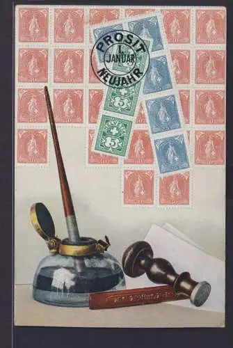 Ansichtskarte Grußkarte Neujahr Abbildung Briefmarkenblock Füllfederhalter