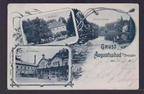 Jugendstil Litho Ansichtskarte Augustusbad n. Chemnitz Konditorei Teich