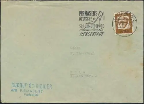 Bund Brief 348y Werbestempel Deutsche Schuhmetropole Pirmasens n Köln 27.10.1962