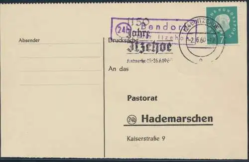 Bund Brief Postkarte 303 Heuss Landpost Bendorf nach Hademarschen via Itzehoe