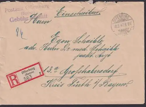 Postsache All. Besetzung R Brief Offenburg Baden n. Großhabersdorf Kr. Fürth
