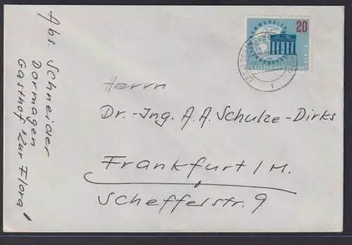 Berlin Brief EF 20 Pfg. mit Motiv Brandenburger Tor + Weltkugel Globus Dormagen