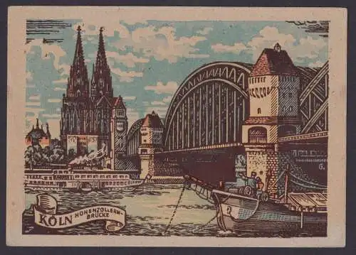 Bizone 69-70 Ansichtskarte Köln Dom n. Hilchenbach Kr. Siegen Hohenzollernbrücke