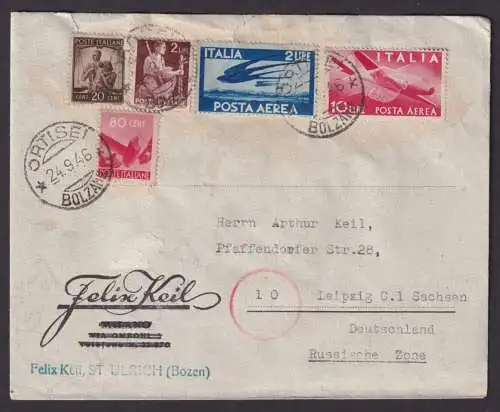Flugpost Brief Air Mail Ortisei Sankt Ulrich Italien Leipzig Russische Zone