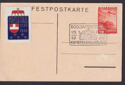 Österreich 800 Jahre Klosterneuburg tolle Anlasskarte + Flugpostmarke + Vignette