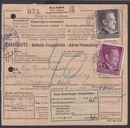 Besetzung Polen Generalgouvernement MIF Hitler Reichshof Paketkarte Zollgebühr