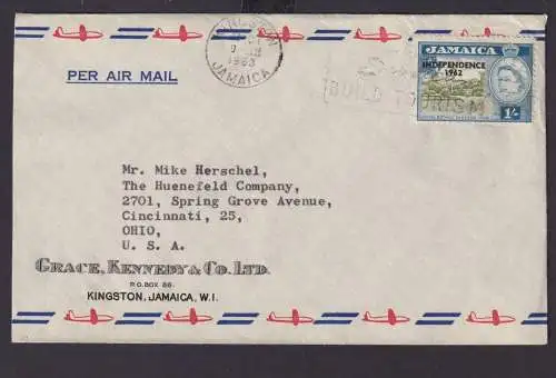 Flugpost Briefmarken Jamaica Brief Aufdruck Independence 1 sh Queen Elisabeth