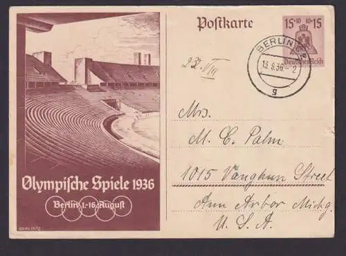 Briefmarken Olympia Deutsches Reich Ganzsache P260 Berlin Ann Arbor Michigan USA