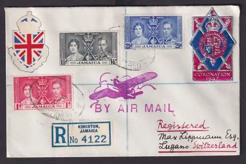 Flugpost Brief Jamaika MiF per Einschreiben Kingston nach Lugano Schweiz Krönung
