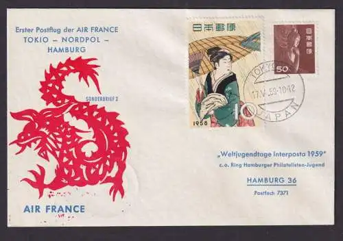 Flugpost Brief Air Mail Air france 1. Postflug Tokio Japan Nordpol Hamburg sehr