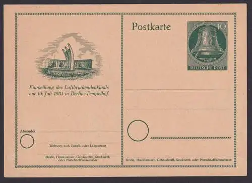 Berlin Glocke Ganzsache P 24 Luftbrücken Denkmahl Einweihung 10.7.1951