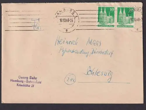 Briefmarken Besetzung Bizone Brief MEF 10 Pfg. Bauten Hamburg Schleswig