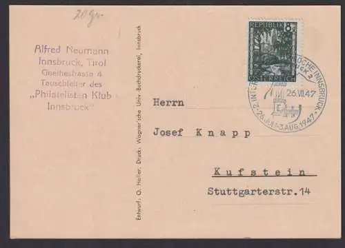 Österreich Brief schöne Anlasskarte Sport mit tollem blauen SST Innsbruck 1947
