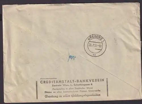 Österreich R Brief EF Porto P 238 Wien nach Bregenz als Nachporto 1951