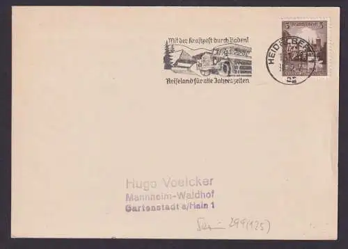 Deutsches Reich Postkarte Heidelberg SST Mit d. Kraftpost durch Baden n.