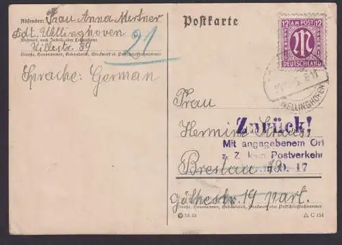 Bizone Postkrieg Wellinghofen nach Breslau viol. L3 Zurück kein Postverkehr