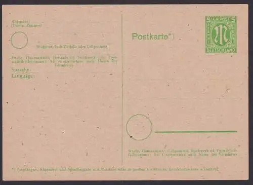 Bizone Ganzsache P 904 Gotisches M im Hochoval 5 Pfg. grün 1945