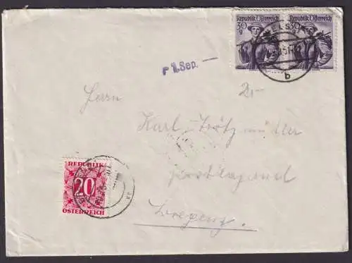 Österreich Brief MEF Trachten Welz nach bregenz und Nachporto 9.8.1951