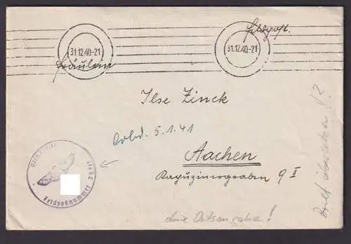 Deutsches Reich Feldpostbrief stummer Stempel nach Aachen 31.12.1940