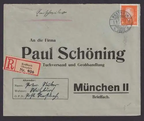 Briefmarken Deutsches Reich R Brief Roßbach Oberpfalz nach München EF 45 Pfg.