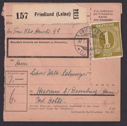 All. Besetzung EF 937 1 Mark Ziffer Friedland nach Hernum auf Paketkarte mit