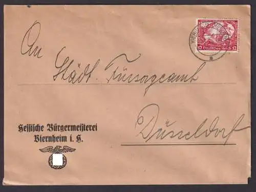 Viernheim Brief EF Wagner Nothilfe Hessische Bürgermeisterei Deutsches Reich