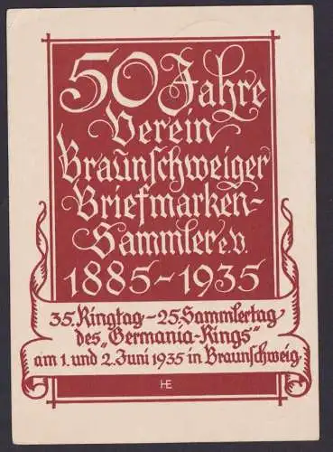 Deutsches Reich schöne Anlasskarte Philatelie Brauschweig 50 J. Sammlerverien