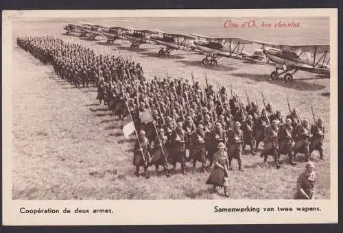 Belgien selt. Ansichtskarte Soldaten Flugzeuge Reklame Cote s'Or Schokolade