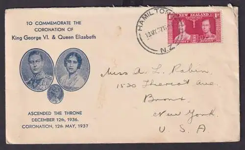 Neuseeland Brief EF 232 Krönung King Georg + Queen Elisabeth Hamilton nach