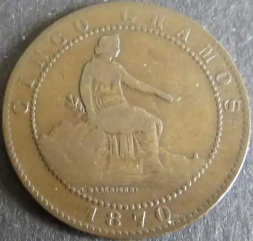 Münze Spanien 5 Centimos 1870 Schön: 142 ss