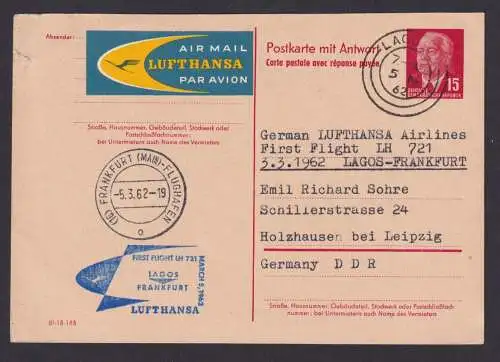 Flugpost Brief Air Mail DDR Ganzsache P 65 a F Lagos Frankfurt Lufthansa nach