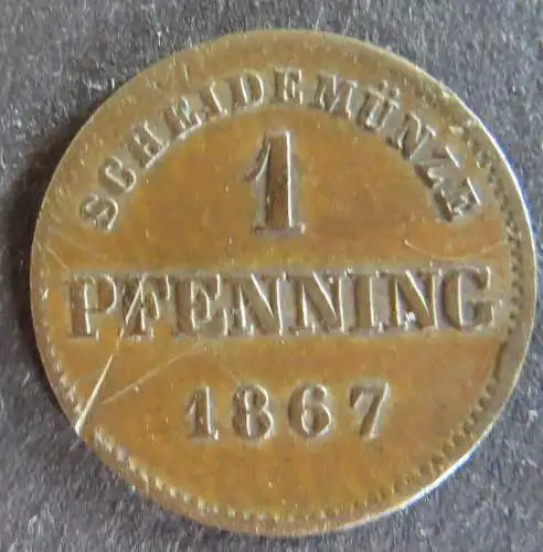 Münze Bayern 1867 - 2 Pfenning Scheidemünze Gekrönter Schild Kupfer ss