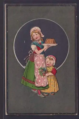 Ansichtskarte Künstlerkarte Prägekarte Frau Kind Kuchen Blumenstrauss ab