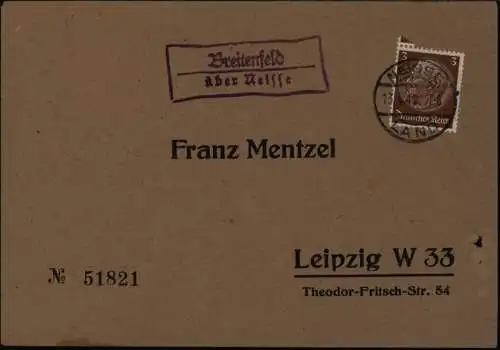 Deutsches Reich Brief Landpoststempel Breitenfeld ü. Neisse Nysa Schlesien 1942