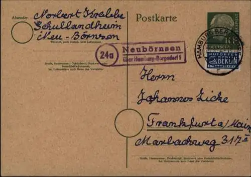 Bund Ganzsache Heuss Landpoststempel Neubörnsen ü. Hamburg - Bergedorf 13.8.1954