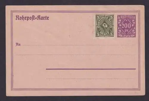 Deutsches Reich Ganzsache Rohrpostkarte Infla 200 Pfg. + ZuF aufgewertet 8 Mark