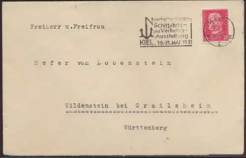 Deutsches Reich Brief EF Präsidenten Masch.-Stempel Kiel Schifffahrt Verkehrs