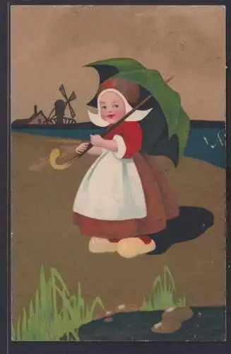 Ansichtskarte Künstlerkarte Kind Regenschirm Windmühle Tracht ab Wesel nach