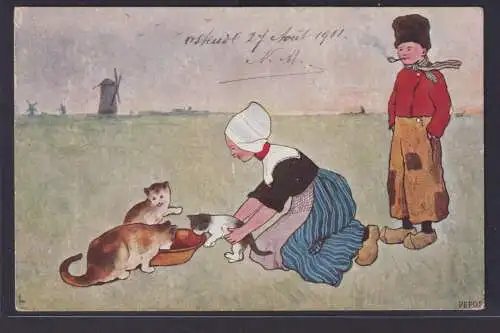 Ansichtskarte Künstlerkarte Sign. Mann Frau Katzen Füttern ab Ostende Belgien
