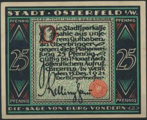 Notgeldschein Stadt Osterfeld 25 Pfennig Burg Vondern Grabowski 1033.2 Bild 2